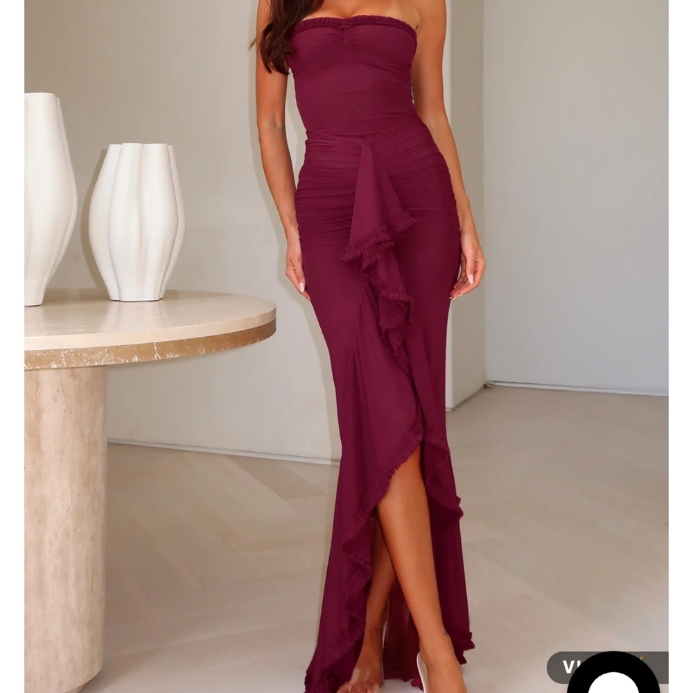 White Fox Boutique Strapless High-Low Ruffle Dress in Burgundy